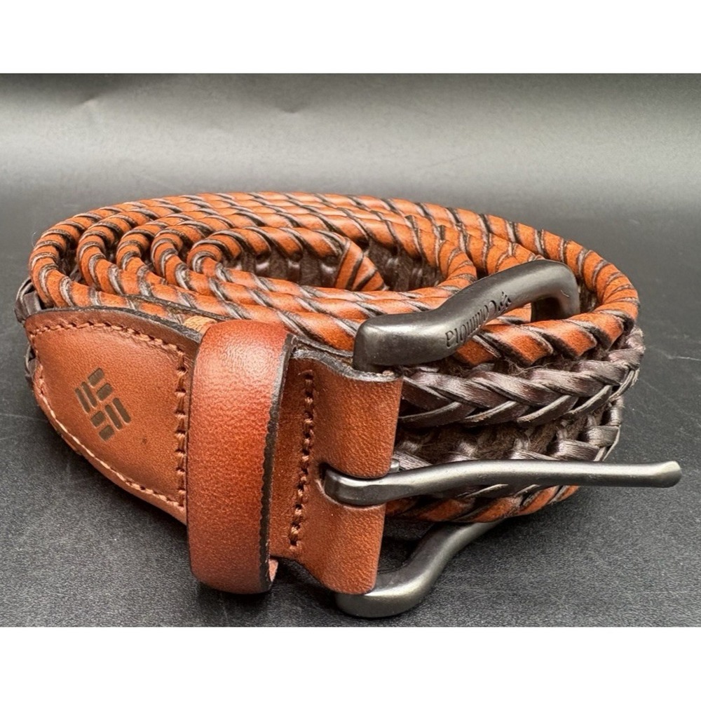 Men's Belt 38-40 Brown Woven Columbia Braided Leather Belt Brass Buckle EUC